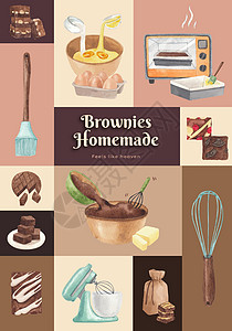 食物宣传单带有自制布朗尼概念的海报模板 水彩风格面包食物小吃正方形广告烹饪食谱蛋糕坚果甜点插画