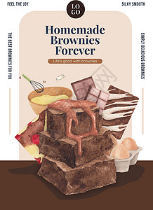 带有自制布朗尼概念的海报模板 水彩风格餐厅插图正方形坚果烹饪厨房花生面包食物可可背景图片