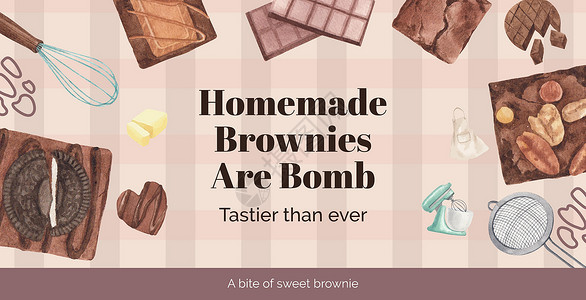 巧克力饼广告牌模板与自制布朗尼概念 水彩风格食物坚果广告面包甜点巧克力插图餐厅花生正方形插画