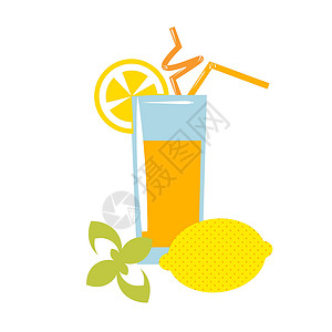 欧薄荷玻璃杯中的柠檬水玻璃橙子柠檬稻草水果黄色薄荷果汁插画