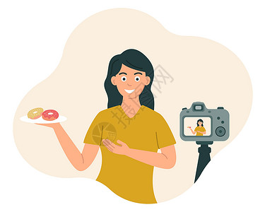 视频博客一位美食博主在录制视频照片时微笑着在镜头前展示美食 平面样式中的矢量插图设计图片