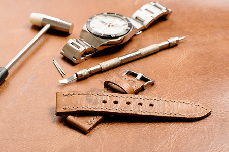 皮革手表带手工奢华装置带子乐队手腕古董时间配饰发条高清图片