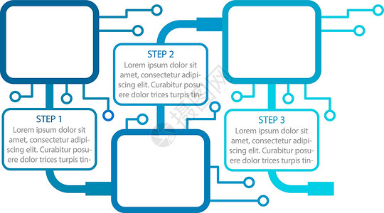 含思维导图蓝色技术信息图表设计模板 电子信息 带有空白复制空间的抽象矢量信息图 具有 3 个步骤序列的教学图形 可视化数据呈现插画