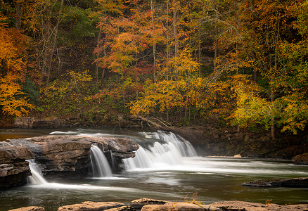 岩彩中秋山谷瀑布的连锁岩 在雾中秋天公园戏剧性瀑布落叶颜色流动森林风景溪流石头背景