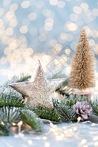 带着星星和模糊的闪亮灯光 冲洗圣诞礼物风格装饰装饰品针叶树绿色枝条云杉松树背景背景图片