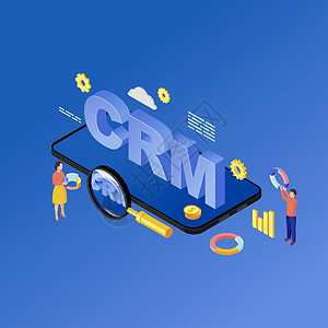 智能手机 CRM 应用程序等距插图 客户关系管理系统移动应用软件 营销自动化 蓝色背景上孤立的电话 3d 概念上的客户端数据库插画