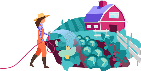 橡胶水管女农浇菜园平面矢量特征 带水管的农场工人 有机蔬菜作物栽培种植 农舍和田野卡通它制作图案插画