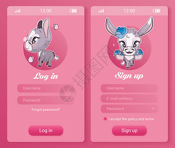 雷达登录页面驴孩子移动应用程序屏幕与卡通可爱人物头像 登录智能手机少女游戏社交媒体应用程序 用户配置文件注册粉红色页面与动漫动物设计图片