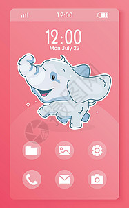 带有大象卡哇伊字符的主屏幕智能手机界面模板 移动应用程序页面粉红色布局 儿童应用程序的卡通主页 UI 带有动漫动物应用程序图标和背景图片
