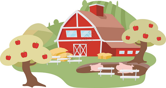 农家有机小土豆农村农场院子平面插图 在白色背景下孤立的畜牧业卡通概念 谷仓附近的苹果树猪 农业和有机农业 乡村农田ranc插画