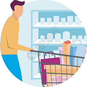 产品概念图超市平面概念图标的买家 男人在杂货店贴纸上购物 有购物车的顾客在商场购买产品 白色背景上的独立卡通插图插画