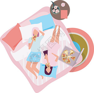 躺在床上吃早餐女朋友吃披萨平面矢量插图 穿着睡衣的女性最好的朋友躺在床上卡通人物 党的概念 穿着睡衣的年轻女孩们在一起度过时光插画