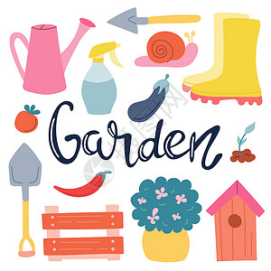手写天籁花园一组在白色背景上带有手写字母的元素花园项目 春菜园 平面样式中的矢量图像插画