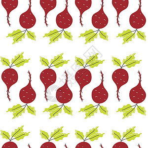 甜菜叶子在白色背景上的新鲜甜菜 平面样式中的矢量无缝模式插画