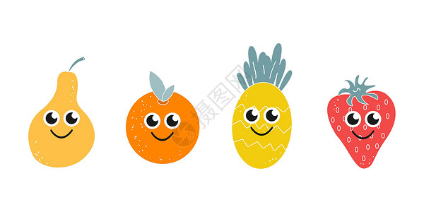 冻梨卡通一组可爱的卡通水果菠萝梨橙和白色背景上的草莓 平面样式中的矢量图像设计图片