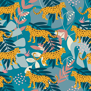 豹的设计素材热带植物中的捷豹是卡通平面风格的明亮矢量无缝图案 壁纸包装纸织物明信片设计插画