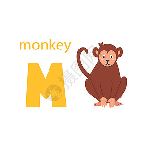 设计素材猴子可爱的猴子卡 与动物的字母表 色彩缤纷的设计 用于教孩子们字母表学习英语 白色背景上平面卡通风格的矢量插图设计图片