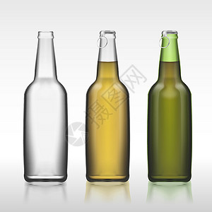绿色玻璃瓶玻璃瓶逼真 3d 设置隔离在白色背景上啤酒插图黄色脖子瓶子反射器皿水壶标签液体插画