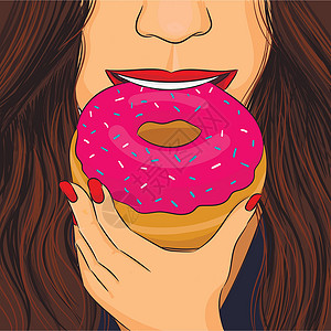 发广告女人吃甜甜圈粉釉手绘肖像插画