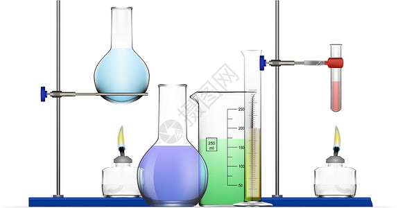 实验器具逼真的化学实验室设备套装 玻璃烧瓶烧杯酒精灯技术器皿管子药物生物学制药精神测量实验药店插画