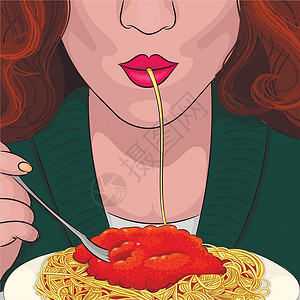 女人吃意大利面手绘图 portrai插画