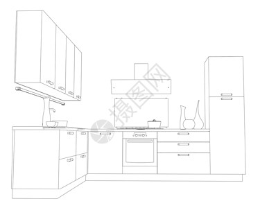 厨房抽油烟机从白色背景上孤立的黑色线条看厨房的轮廓 透视图 它制作图案矢量场景烤箱卡通片地面蔬菜住宅烹饪家具中风公寓插画