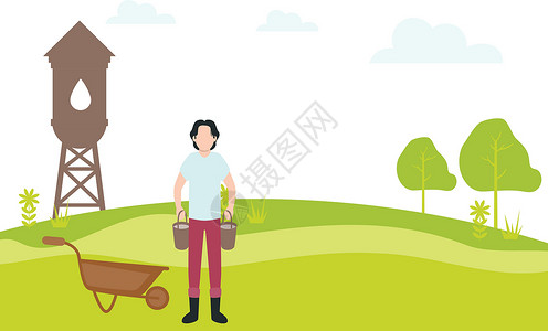 拿着水桶母子一个手里拿着水桶的园丁站在农场的手推车旁插画