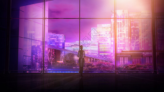 机器人站在一个全景窗前 俯瞰夜城3D铸造背景图片