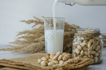 将植物奶倒入一杯开心果无乳糖牛奶中 以提供膳食营养 替代食物和素食主义 饮食牛奶 素食 不含麸质奶制品乡村玻璃种子核心产品奶油小背景
