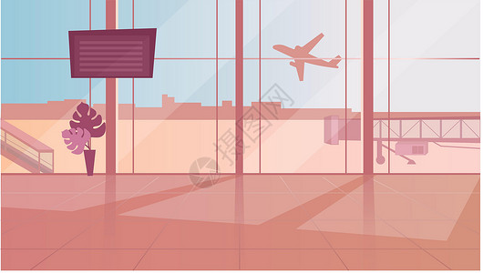 飞机窗户空荡荡的机场候机室平面矢量图 带有全景窗户的航站楼阳光明媚的大厅 监控到达时间表 飞机起飞 国际旅游旅游航空业插画