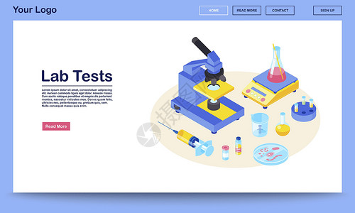 实验室测试带有等距插图的网页矢量模板 医学分析 诊断实验室研究 显微镜注射器烧杯 网站界面设计 网页移动应用程序 3d 概念背景图片