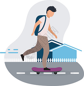 昆明广福路小学生滑板平面矢量插图 回到学校 背着背包骑滑板卡通人物的十几岁男孩在白色背景下被隔离 现代学校的孩子有福插画