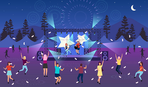 夜间音乐节平面矢量插图 露天现场表演  Rockpop 音乐家音乐会在 parkcamp 夏季有趣的户外活动 跳舞的卡通人物插画