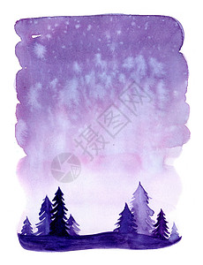 紫色清新水彩与雪和树的水彩圣诞节冬天风景 圣诞松树和冷杉 打印纹理墙纸背景贺卡下雪的插图 紫色紫罗兰色 水彩画森林邀请函装饰艺术品庆典季节植背景