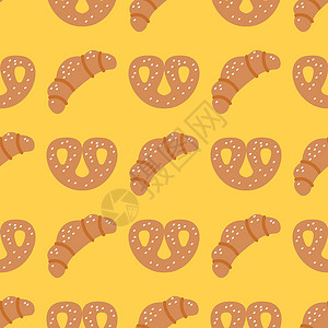 椒盐花生米黄色背景上的羊角面包和椒盐卷饼矢量无缝模式插画