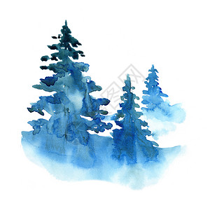 树水彩素材孤立在白色背景上的水彩冬季雪林  Treescape 与松树和冷杉 印刷纹理墙纸贺卡的插图景观 蓝色和绿色美丽的水彩画卡片森林云背景