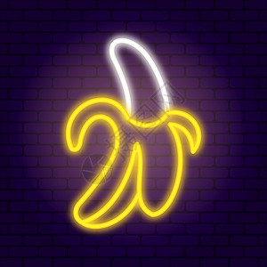 夜店招牌元素黑砖墙背景上的霓虹香蕉插画