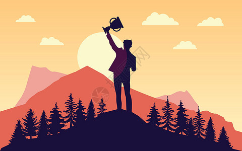 日出前邂逅Prevail - 在太阳前举起双手奖杯的人的剪影 和山脉在背景中 赢家任务完成的概念 矢量图  EP设计图片