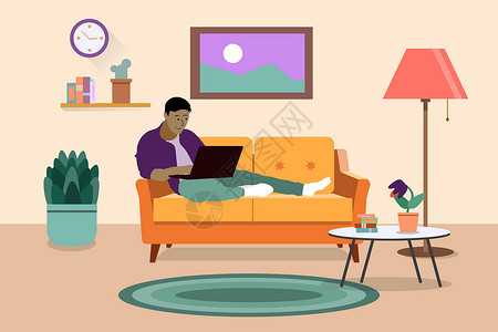 沙溪里在家工作的自由职业者 在舒适的沙发上使用笔记本电脑 在客厅里自由自雇  EP插画