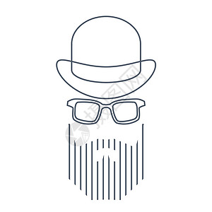 单片眼镜戴帽子的时髦男人的简单风格肖像 理发店胡须头发潮人绅士英语极客胡子卡通片贴纸男性插画