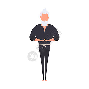 一名身穿黑色和服的男子正在冥想 功夫大师 那家伙正在做瑜伽 向量男性运动胡须插图训练健身房卡通片乐趣身体闲暇插画