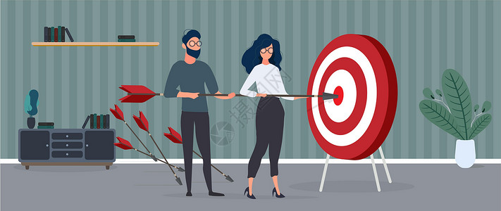 一支细长箭头女孩和那家伙拿着一支箭 箭头击中目标 团队合作的概念 向量商业投资卡通片商务营销人手男性女士挑战男人设计图片