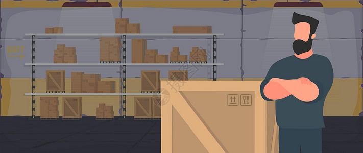 有箱子的大工业仓库 一个男人拿着一个大木箱站着 大托盘 交付和运输概念 向量送货建筑职业办公室库存架子工人零售服务技术背景图片