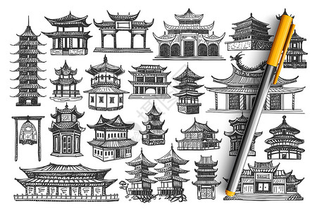 中国建筑门中国建筑手绘涂鸦 se设计团体国家草图铅笔墨水插图旅行粉笔传统设计图片