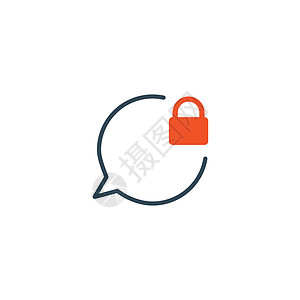 密码框锁定线图标 聊天气泡设计 私人储物柜标志 密码加密符号 大纲概念 在白色背景上孤立的股票矢量图插画