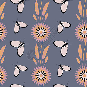无缝图案无尽的纹理程式化的花朵和飞蛾 壁纸纺织品包装笔记本网站盖子插图背景图片