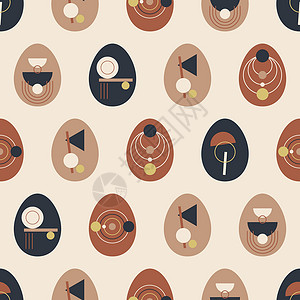easterBoho Easter概念设计 矢量无缝模式 配有蛋的糊盘和terracotta 棕色 平板矢量插图插画