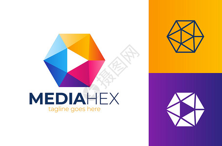 Hexa 媒体播放矢量标志 六角形框架科技行业标志模板 带有播放箭头中间的抽象媒体三角形六边形标识营销插图公司身份网络品牌商业技背景图片