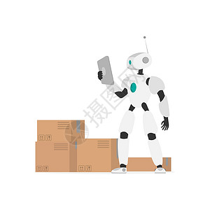 服装库存带有平板电脑的机器人检查货物 有纸板箱的机器人 交付和未来行业的概念 孤立 向量货运运输技术包装车厢邮件纸板商业店铺电子人插画