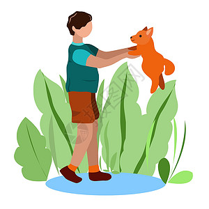 交朋友一个男孩在他的胳膊里抱着一只小狗插画